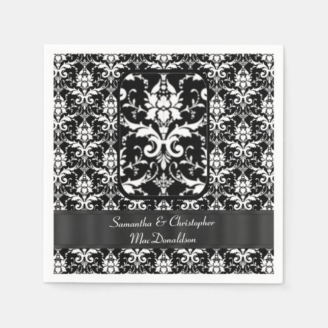Serviette Jetable Motif damassé mariage noir et blanc (Devant)