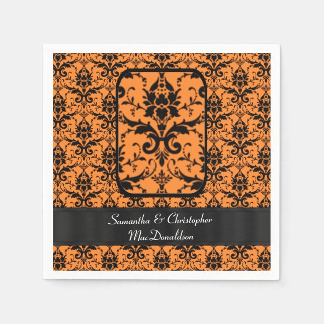 Serviette Jetable Motif damassé noir et orange (Devant)