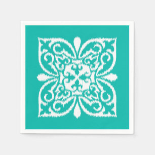 Serviette Jetable Motif de damassé d'Ikat - turquoise et blanc
