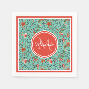 Serviette Jetable Motif floral en turquoise et orange et monogramme 
