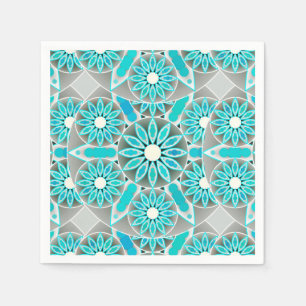 Serviette Jetable Motif mandala, turquoise, gris argenté et blanc