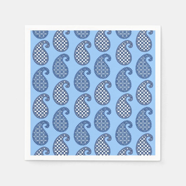 Serviette Jetable Motif Paisley, bleu ciel, marine et blanc (Devant)