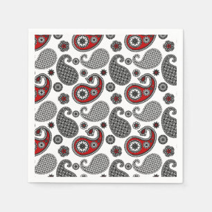 Serviette Jetable Motif Paisley, noir, blanc et rouge