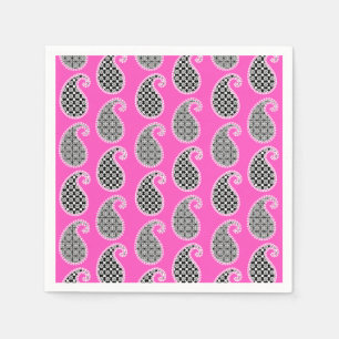 Serviette Jetable Motif Paisley, rose fushia, noir et blanc