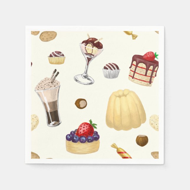 Serviette Jetable Motif sucré avec des desserts variés. (Devant)