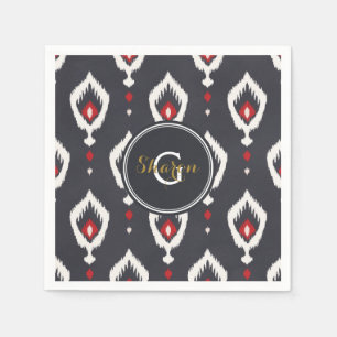 Serviette Jetable Motif tribal ikat noir et rouge chic avec monogram