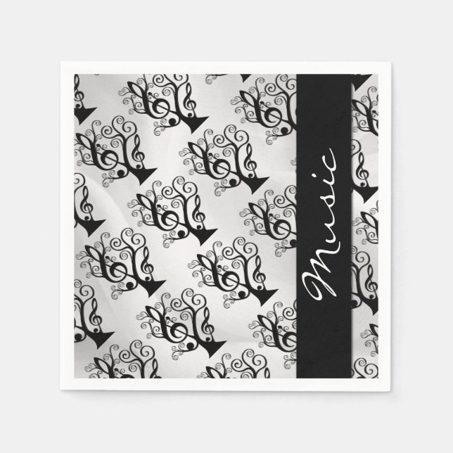 Serviette Jetable Musique noire et blanche Treble Clef Tree Napkins (Devant)