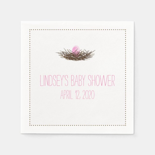 Serviette Jetable Nid d'oiseaux d'aquarelle | Baby shower fille (Devant)