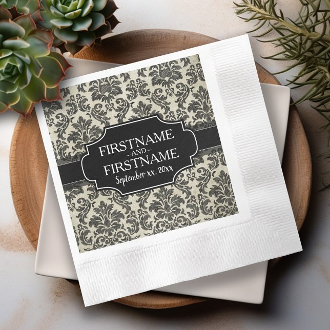 Serviette Jetable Noces de deuil noir en dentelle et parchemin (Black Lace Personalized Wedding Napkins)