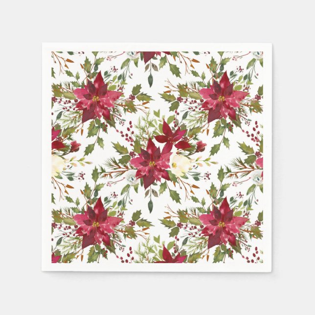 Serviette Jetable Noël Fête Poinsettia Fleur hiver Floral (Devant)