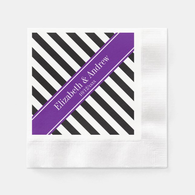 Serviette Jetable Noir Blanc Bande Violet Nom du ruban Monogramme (Devant)