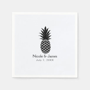Serviette Jetable Noir & Blanc Tropical Pineapple Élégant Chic