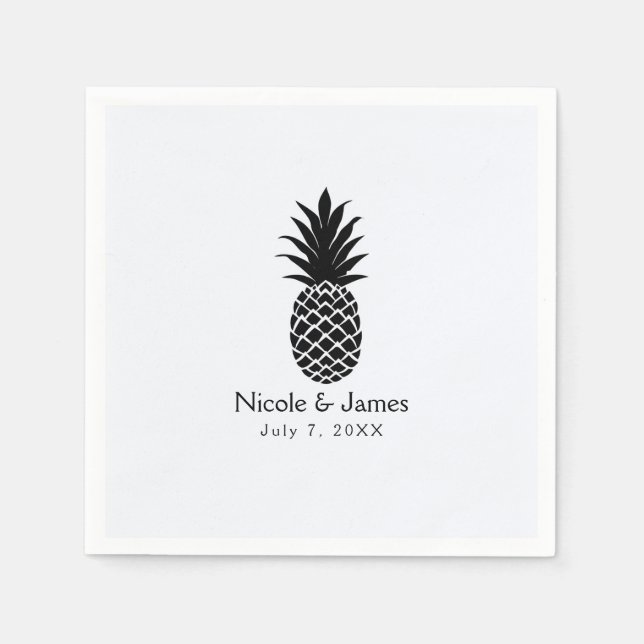 Serviette Jetable Noir & Blanc Tropical Pineapple Élégant Chic (Devant)