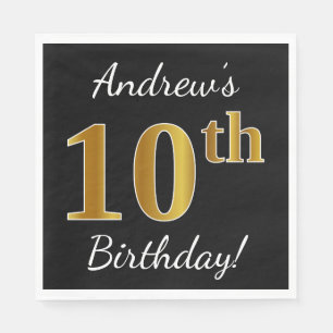 Serviette Jetable Noir, Faux Or 10e anniversaire + Nom personnalisé