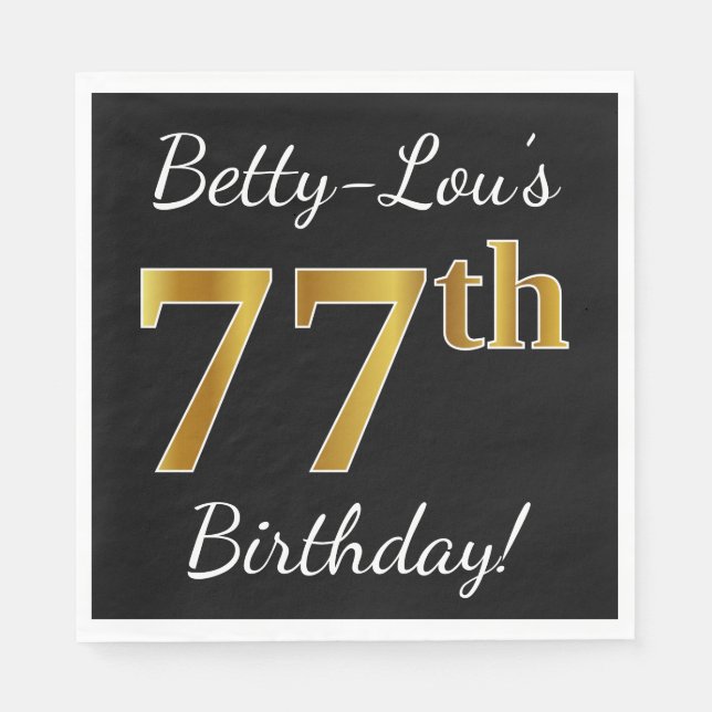 Serviette Jetable Noir, Faux Or 77e anniversaire + Nom personnalisé (Devant)