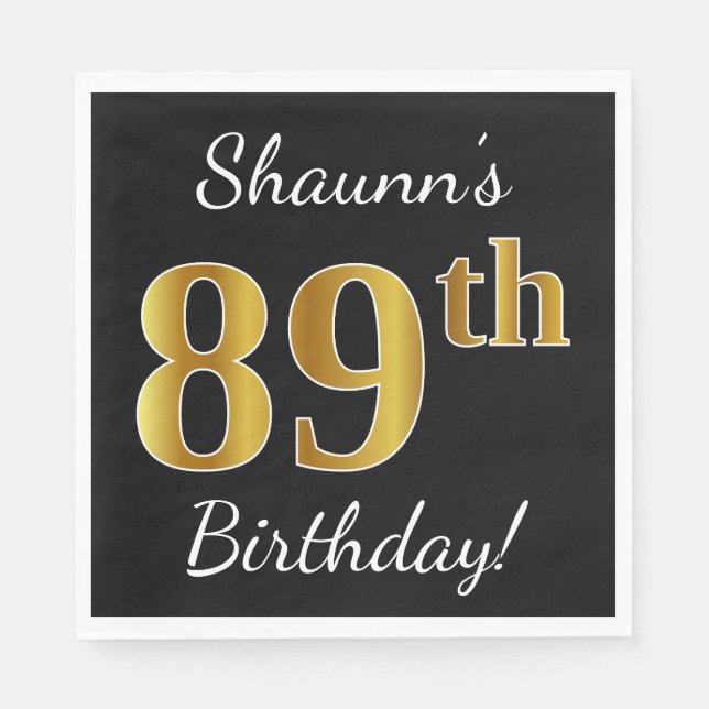 Serviette Jetable Noir, Faux Or 89e anniversaire + Nom personnalisé (Devant)