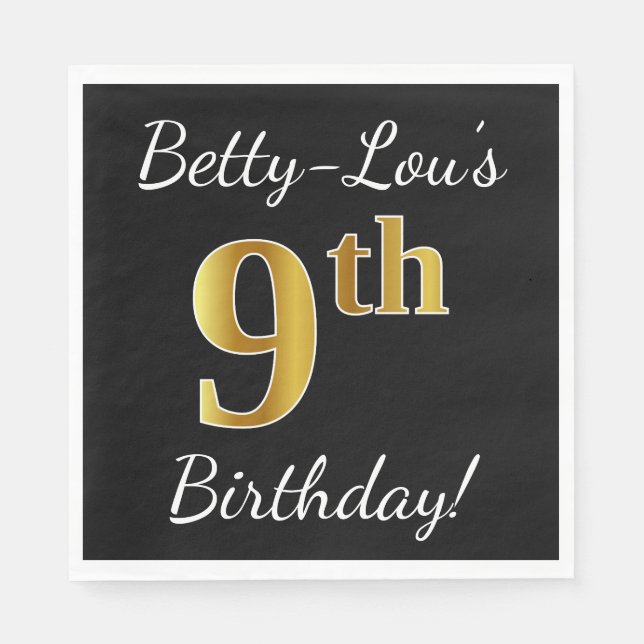 Serviette Jetable Noir, Faux Or 9e anniversaire + Nom personnalisé (Devant)