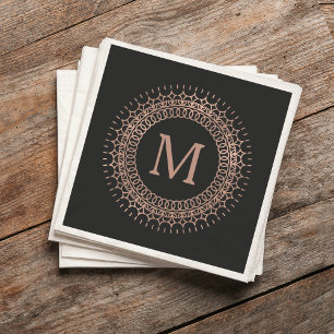 Serviette Jetable Noir & Faux Rose Or Élégant Monogramme initial