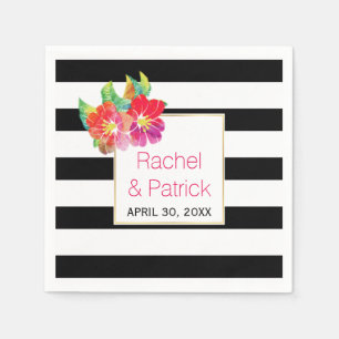 Serviette Jetable Noir, rayures blanches, fleurs d'aquarelle mariage