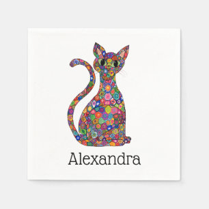 Serviette Jetable Nom lunatique coloré de monogramme de chat de