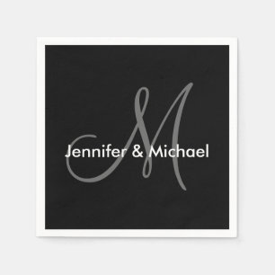 Serviette Jetable Noms du monogramme mariage noir blanc gris