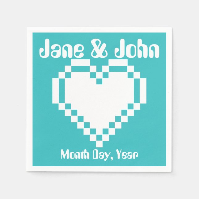 Serviette Jetable Nos Coeurs 8 bits en serviettes Turquoise (Devant)