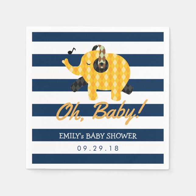 Serviette Jetable Oh Baby Elephant Marine Blue Stripes Baby shower (Devant)