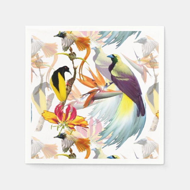 Serviette Jetable Oiseaux exotiques du Paradis et fleurs Aquarelle (Devant)