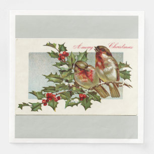Serviette Jetable Oiseaux vintages et Noël de gris de houx