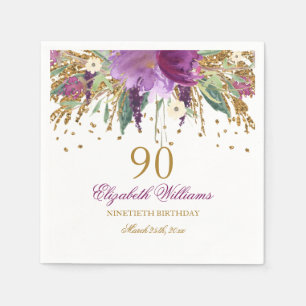 Serviette Jetable Paillettes Florales Étincelantes Améthyste 90e Ann