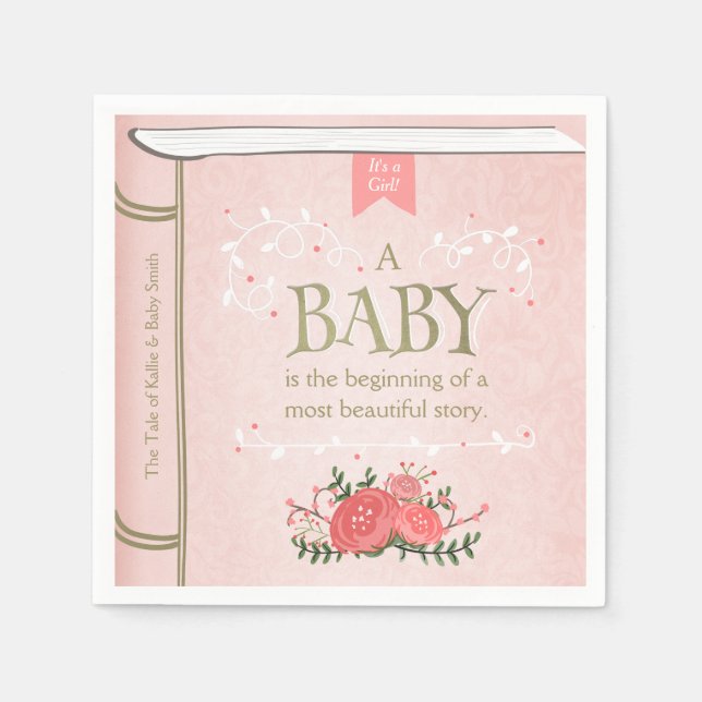 Serviette Jetable Papier Baby shower livre de conte Napkin rose fill (Devant)