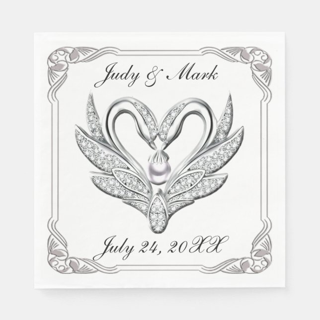 Serviette Jetable Papier blanc Ruban Cygnes en argent Papier serviet (Devant)