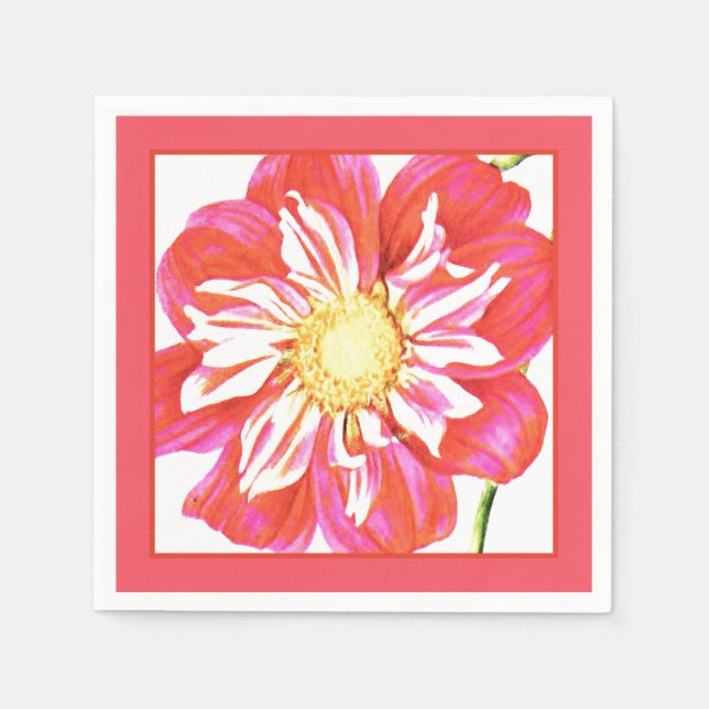 Serviette Jetable Papier dahlia rayé rouge et blanc corail (Devant)