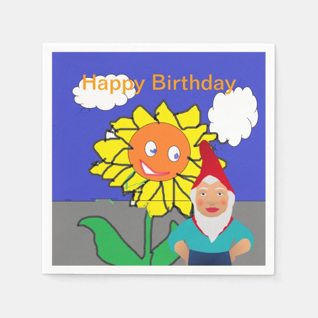 Serviette Jetable Papier de fête d'anniversaire Gnome et Tournesol (Devant)