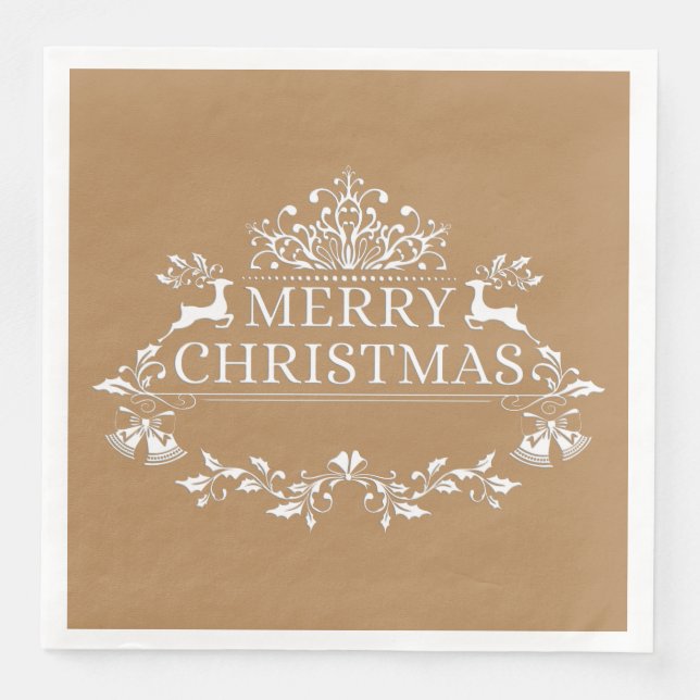 Serviette Jetable Papier de Noël Joyeux en or et blanc (Devant)