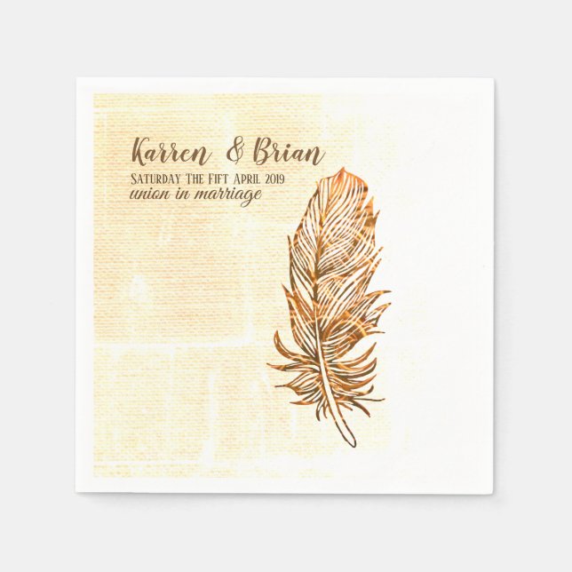 Serviette Jetable Papier Mariage en plumes d'or (Devant)