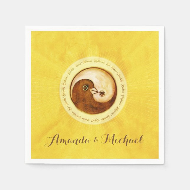 Serviette Jetable PAPIER MARIAGE NAPKIN. Les colombes de Gold YinYan (Devant)