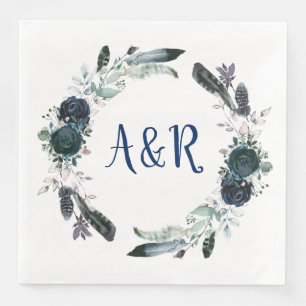 Serviette Jetable Papier Monogramme Bouquet bleu marine