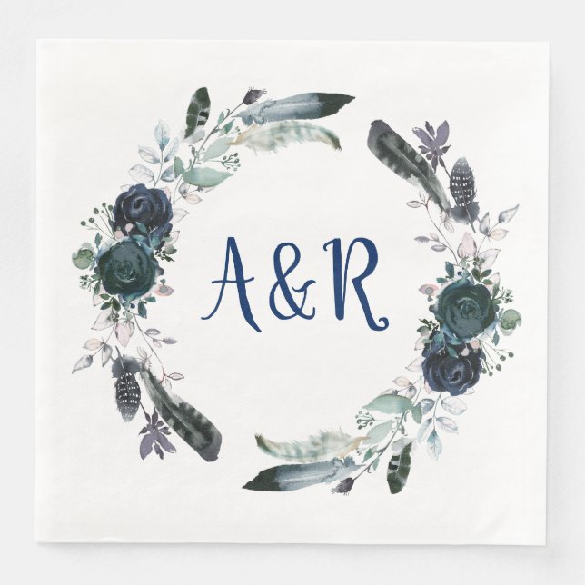 Serviette Jetable Papier Monogramme Bouquet bleu marine (Devant)