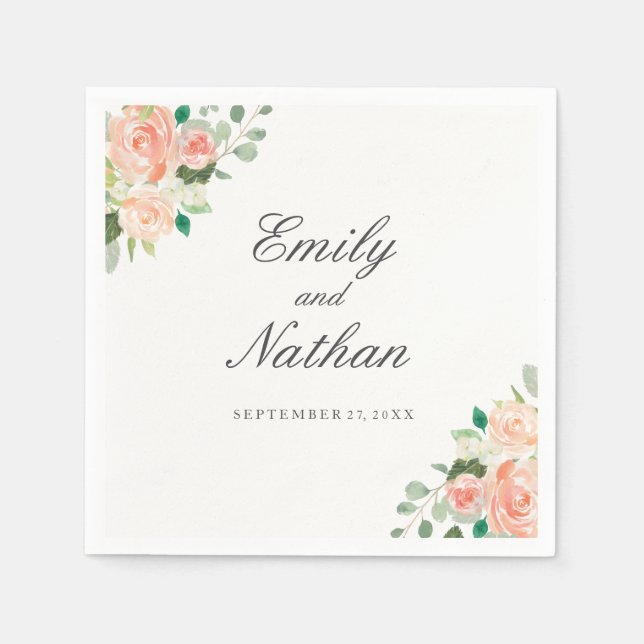 Serviette Jetable Peach rose Aquarelle Mariage floral Napkin (Devant)