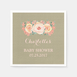 Serviette Jetable Peach Watercolor Floral Burlap Baby shower