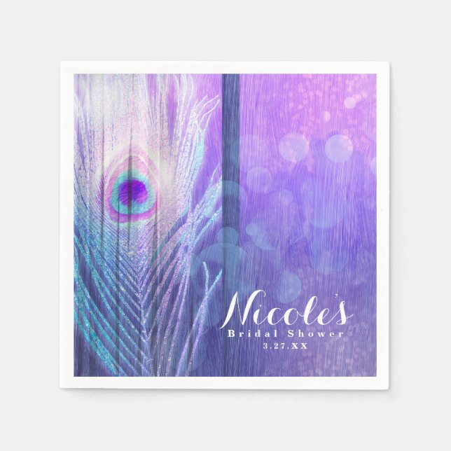 Serviette Jetable Peacock Plumes violet Glam Boho Chic Personnalisé  (Devant)