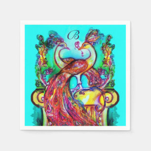 Serviette Jetable PEACOCKS EN AMOUR Rouge Aqua Bleu Mariage Monogram
