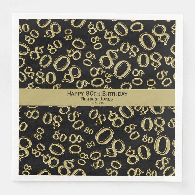 Serviette Jetable Personnaliser : 80e fête d'anniversaire Noir et Or (Devant)