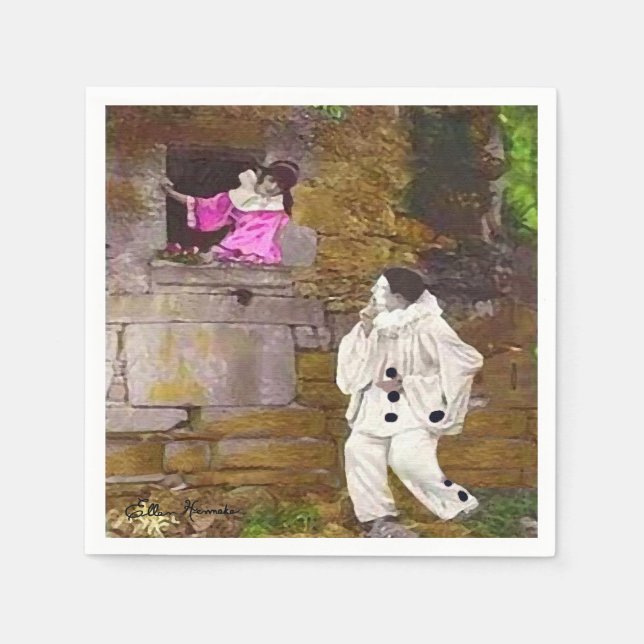 Serviette Jetable Pierrot et Columbine Cocktail Napkin (Devant)