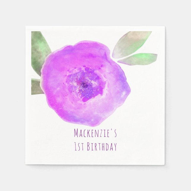 Serviette Jetable Pink violet aquarelle Fleur Anniversaire (Devant)