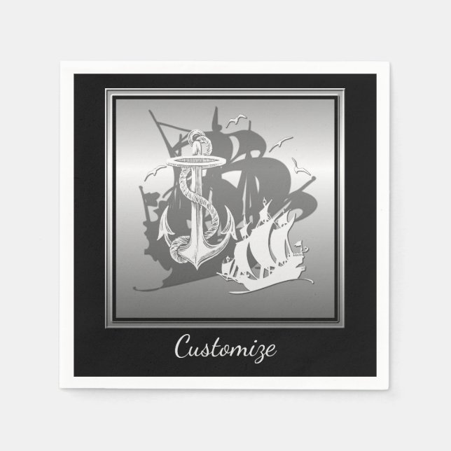 Serviette Jetable Pirate Ship & Ancres Blanc Silhouette Napkins 2 (Devant)