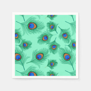 Serviette Jetable Plumes de paon turquoise sur Aqua clair