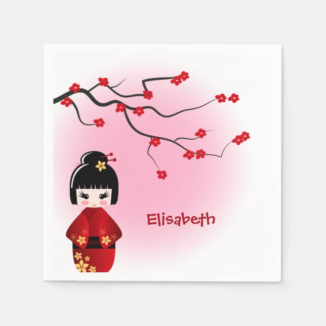 Serviette Jetable Poupée japonaise kokeshi à sakura fleurs filles (Devant)