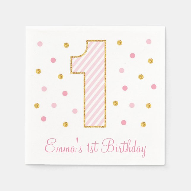Serviette Jetable Premier anniversaire de la Parties scintillant ros (Devant)